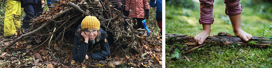Nadine und Kinder bauen Unterschlupf im Wald